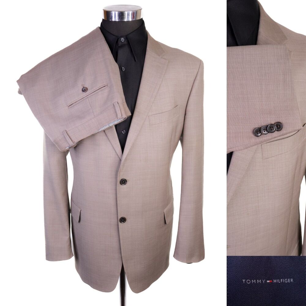 Tommy Hilfiger 2-Pcs Solid Beige Wool Suit Blazer Jacket Sz 44R Pants 40X32